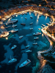 Night aerial view of a luxury marina with yachts and buildings.