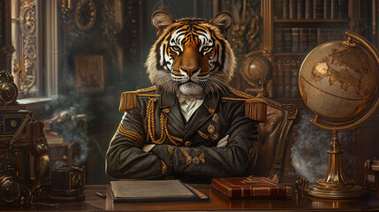A noble tiger in a Victorian military-style suit, standing behind a vintage executive desk, with brass globes and old leather-bound ledgers scattered around. 