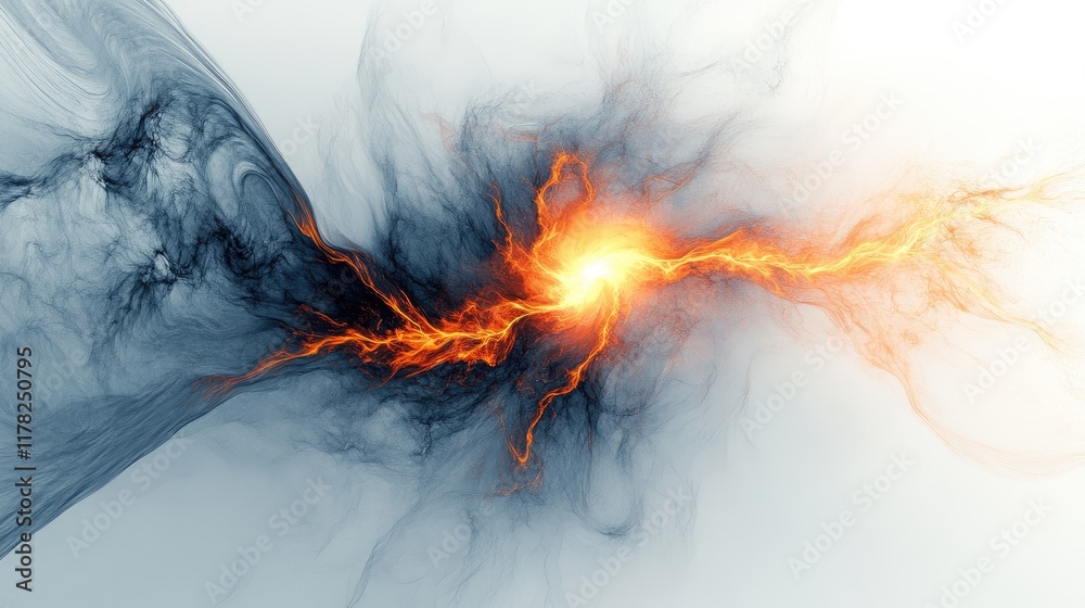 Aufkleber Abstract fractal lightning with a radiant, glowing core, creating dynamic, intricate patterns on a smooth white background for dramatic effect