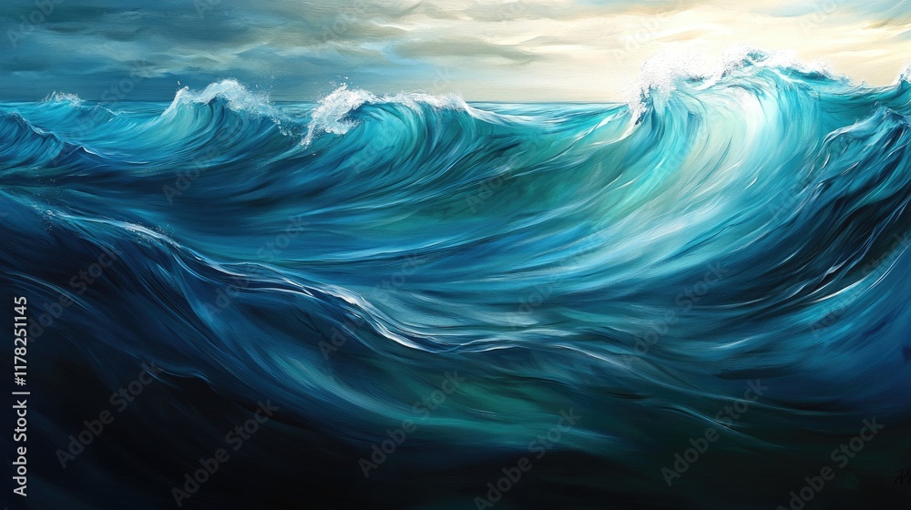 Poster abstract waveform with oceanic hues and reflective ripples, creating a mesmerizing, smooth motion th
