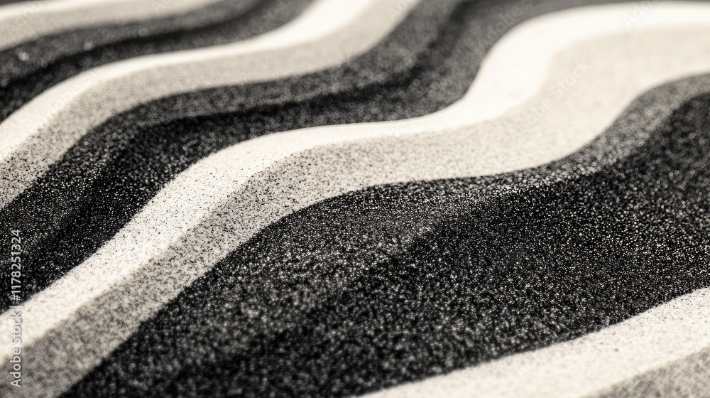 Aufkleber Abstract waves of black and white sand create mesmerizing patterns on a smooth surface, capturing a captivating, yin-yang inspired visual balance