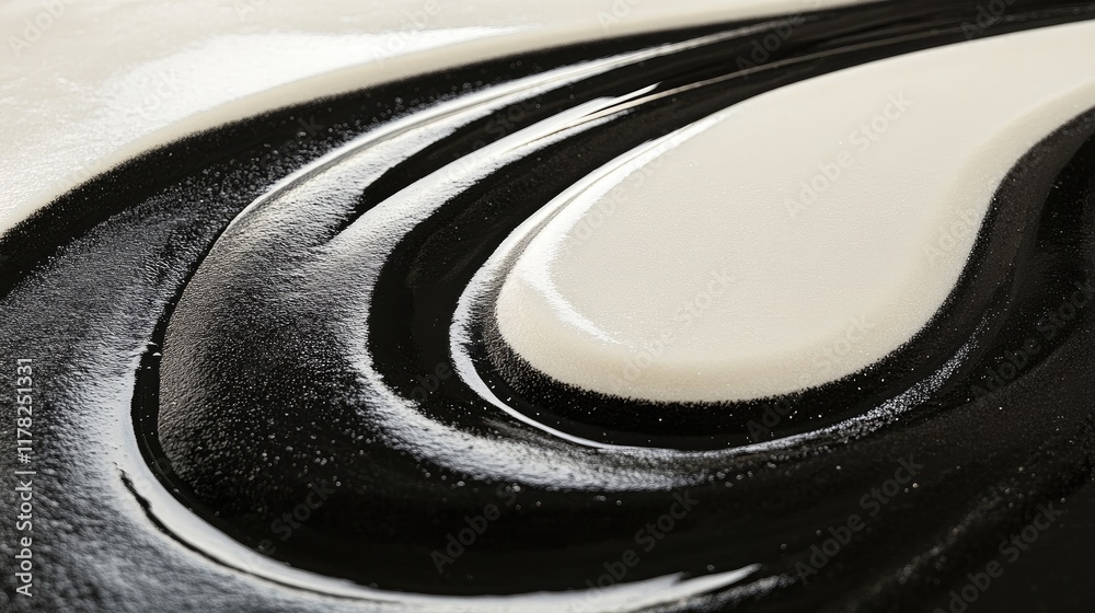Poster Abstract waves of black and white sand create mesmerizing patterns on a smooth surface, capturing a captivating, yin-yang inspired visual balance