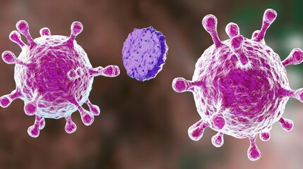 Fototapeta premium Illustration of virus particles interacting with immune cells.