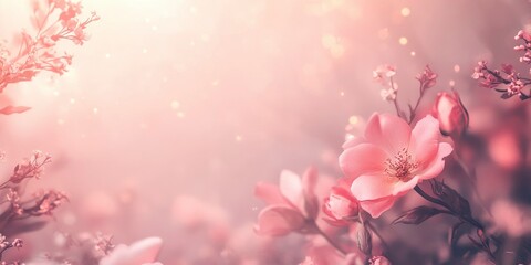 Fototapeta premium A soft pink background with delicate roses, perfect for Valentine's Day or Mother's Day. A banner design with copy space and an elegant style. High resolution, high quality, high detail, professional 