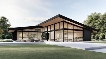 Modern house with large glass windows and a sleek design.