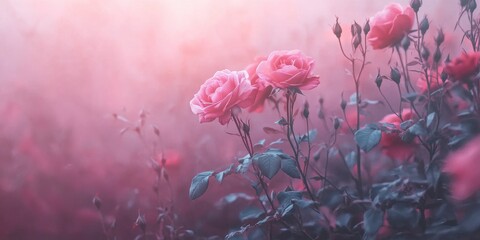 A soft pink background with roses and copy space for text, a Valentine's Day theme, a pastel color scheme, a minimalistic design, a blurred background of the rose garden, a romantic and dreamy atmosph