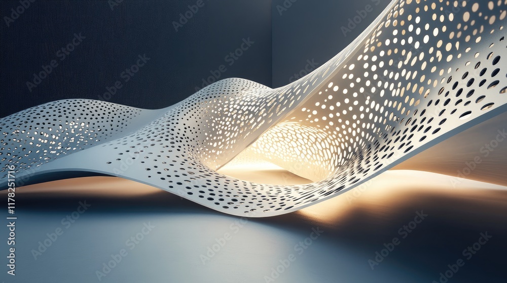 Aufkleber An abstract curved structure with intricate perforated patterns, bathed in soft light on a minimalist backdrop, creating a modern and artistic feel