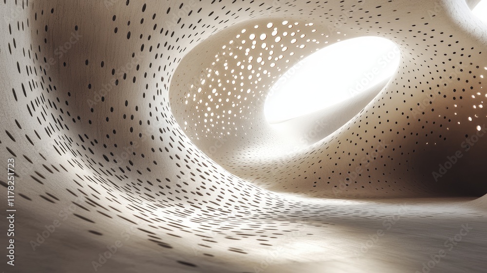 Poster An abstract curved structure with intricate perforated patterns, bathed in soft light on a minimalist backdrop, creating a modern and artistic feel