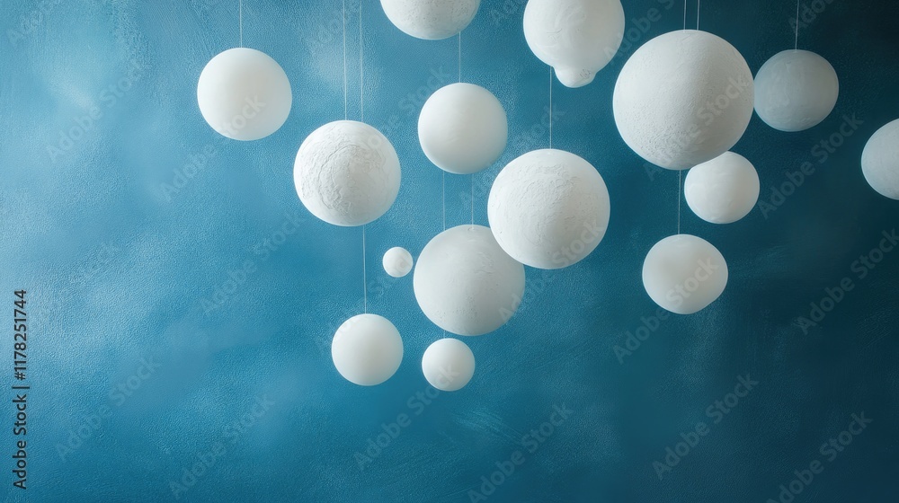 Poster An abstract fluid blue design with suspended white spheres, creating a balanced and serene visual, full of grace and tranquility