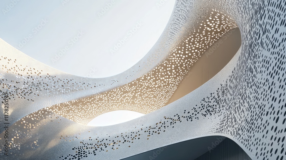 Poster An abstract curved structure with intricate perforated patterns, bathed in soft light on a minimalist backdrop, creating a modern and artistic feel