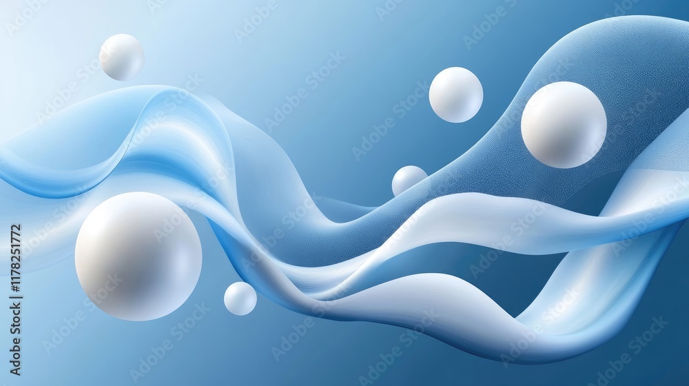 Aufkleber an abstract fluid blue design with suspended white spheres, creating a balanced and serene visual, f
