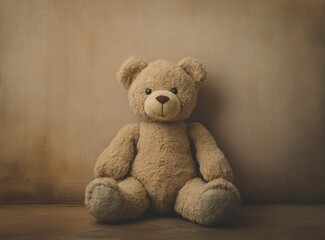 Obraz premium A teddy bear sits on the floor against an empty gradiend background. The style is vintage and nostalgic, reminiscent of old photographs from past eras