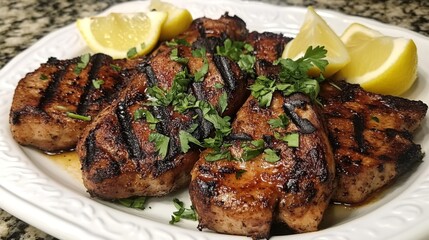 A platter of grilled pork loin chops, beautifully seared and seasoned, served with a fresh herb garnish and lemon wedges.