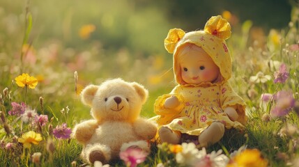 Fototapeta premium An adorable yellow-clad doll and a plush bear sitting in a vibrant spring meadow, surrounded by flowers, creating a cheerful, whimsical scene of childhood joy