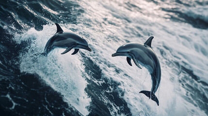Fototapeta premium A pair of dolphins leaping through the ocean, with their bodies blending into abstract waves and splashes, symbolizing freedom and joy in the wild. 