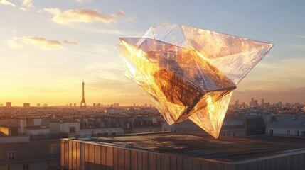 An artistic crystal structure suspended over a rooftop, bathed in the golden hues of the sunset, blending urban and natural beauty in perfect harmony