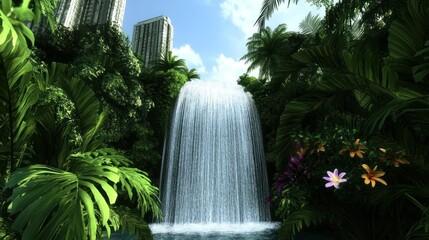 Naklejka premium Lush tropical waterfall surrounded by vibrant foliage and flowers.