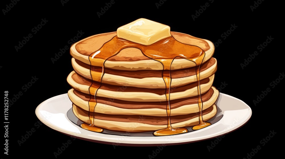 Poster a stack of fluffy pancakes topped with a pat of melting butter and drizzled with maple syrup, a deli