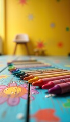 Fototapeta premium Colorful crayons line up on painted wooden floor. Artistic flowers decorate surface. Yellow wall with simple designs in background gives playful atmosphere. Children creative activity. Colorful