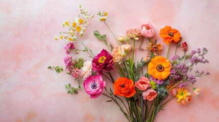 Beautifully arranged vibrant flowers against a soft pink textured background, creating a bold and delicate composition that evokes joy and warmth