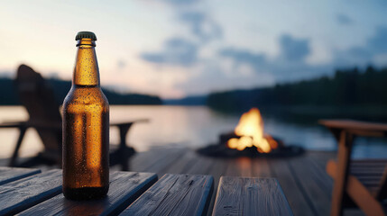 Tranquil Evening Scene on Cabin Deck Overlooking Calm Lakeside with Fire Pit
