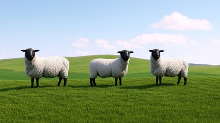 Obraz premium Three sheep standing on a green grassy field under a blue sky.