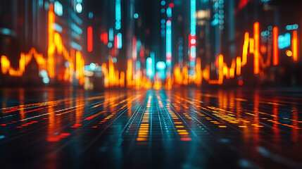 Illuminated transparent glass financial chart on a grid with a blank caption space on the side, blurred chaos in the background symbolizing uncertainty, progress, and financial strategy

