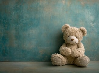 Fototapeta premium A teddy bear sitting on the floor with an empty teal background behind it. The teddy is fluffy and has soft fur, and its eyes are closed in restfulness or sleep. It is holding onto one of its arms 