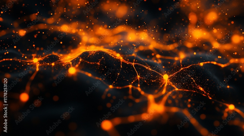 Poster Abstract glowing orange particles forming a network on a dark background.