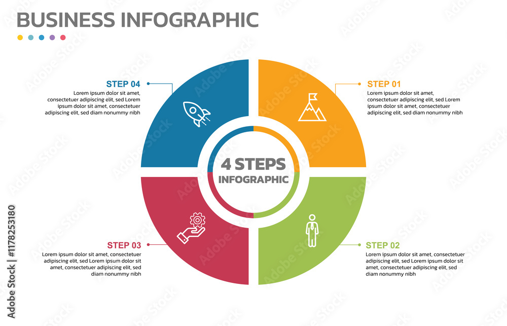 Poster Visual data presentation. Cycle diagram with 4 options. Pie Chart Circle infographic template with 4 steps, options, parts, segments. Business concept. Editable pie chart with sectors.