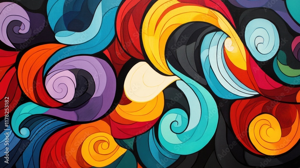 Poster bright, vibrant abstract swirls filled with colorful wave-like patterns, offering artistic texture a