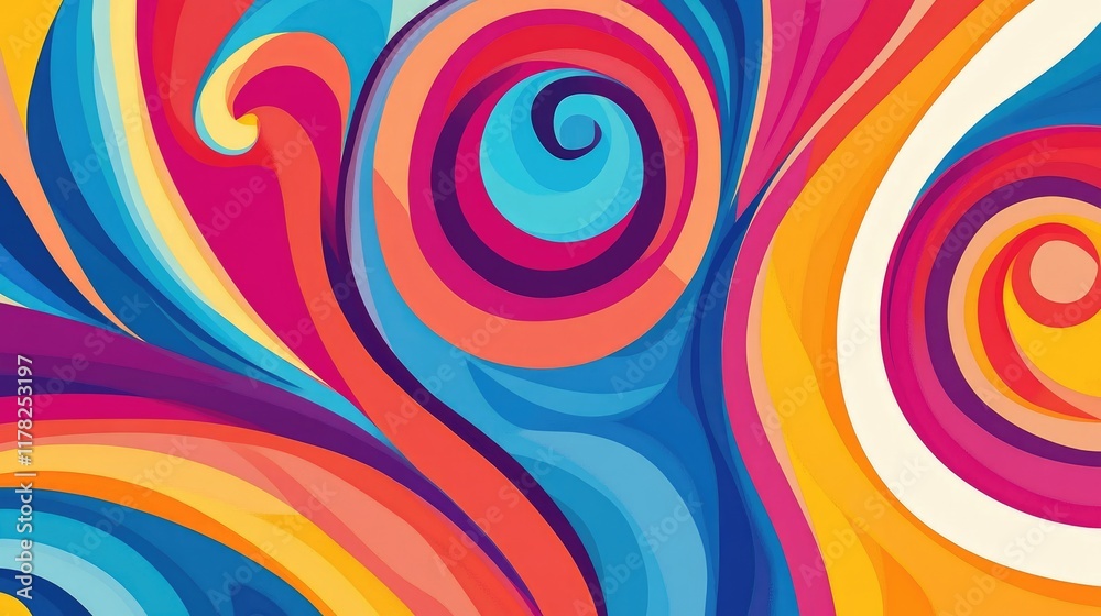 Poster Bright, vibrant abstract swirls filled with colorful wave-like patterns, offering artistic texture and an energetic, bold design
