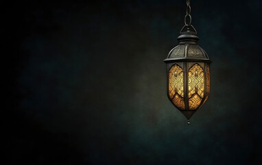 A traditional Islamic lantern, hanging in the dark with light casting onto an empty background. The lamp is intricately designed and illuminated by soft, warm lighting, creating a serene atmosphere 