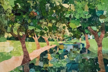 Fototapeta premium Abstract tree-lined canal collage.