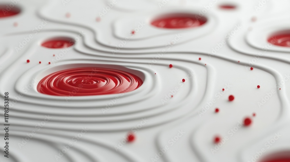 Poster Close-up of red paint droplets causing ripples on a smooth white surface, symbolizing the impact of creativity and expression in a clean and modern design