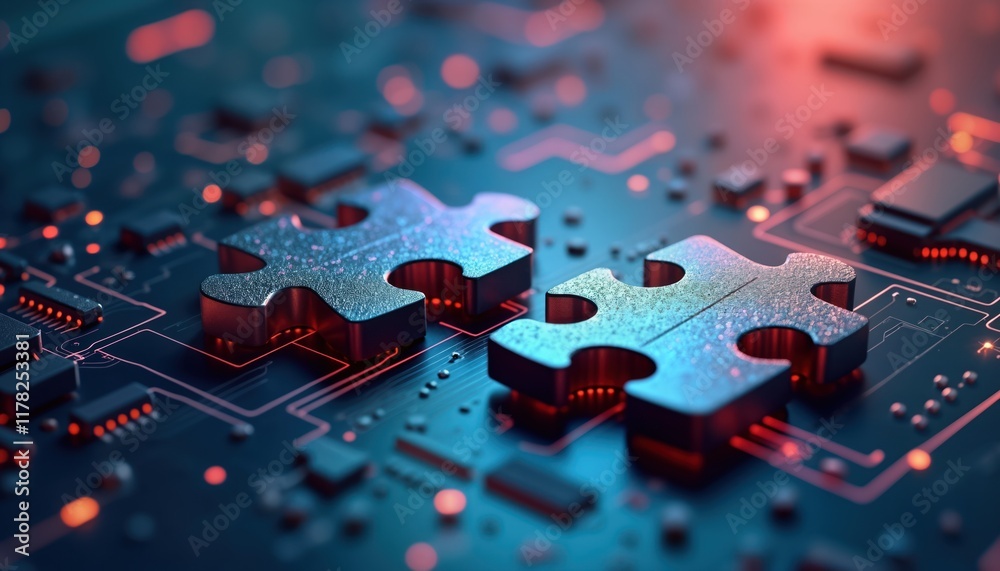 Poster Digital illustration shows two interlocking puzzle pieces on futuristic circuit board. Integration, connectivity symbolized. Tech design represents successful API integration. Advanced tech,
