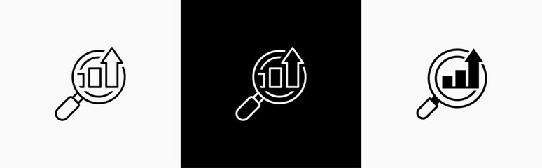Business growing search in line style icon. Bar graph with arrow in flat style symbol. Analytics growth chart with magnifying glass signs vector illustration for apps and website