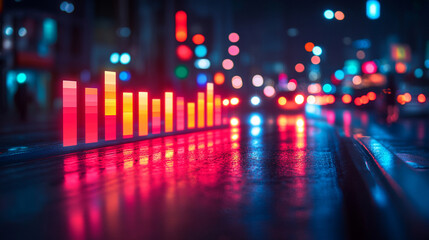 Illuminated transparent glass financial chart on a grid with a blank caption space on the side, blurred chaos in the background symbolizing uncertainty, progress, and financial strategy

