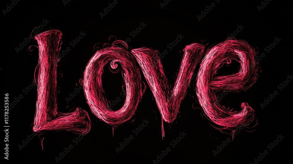 Poster creative and artistic pink love typography set against a stark black background, adding depth and em
