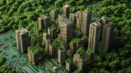 Obraz premium Concept of a futuristic, sustainable city growing on a circuit board, combining green infrastructure with cutting-edge technology for an urban utopia