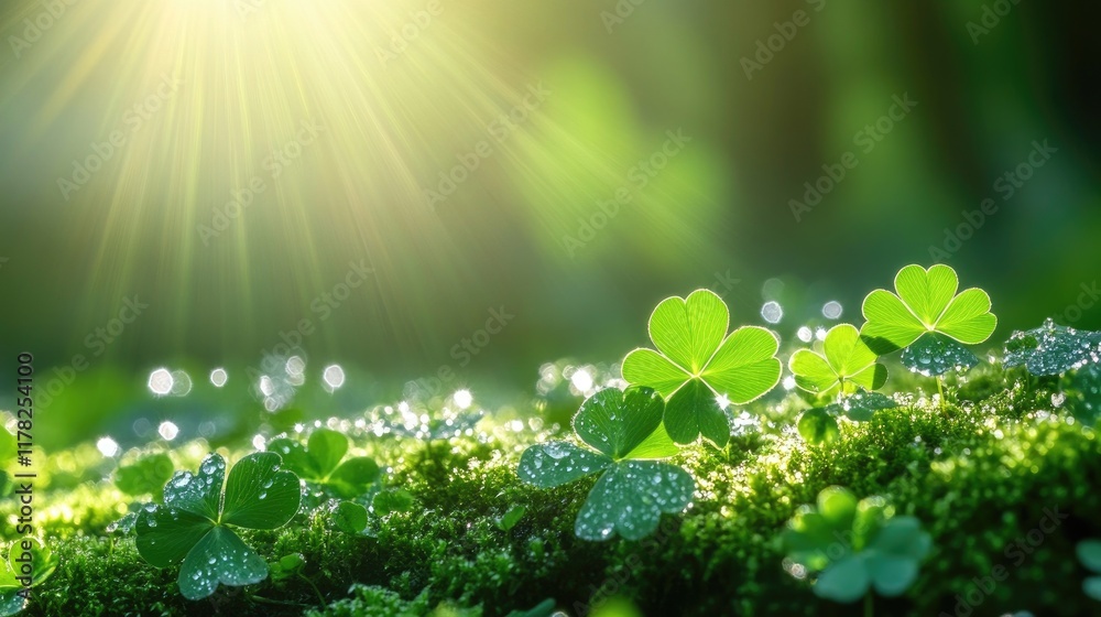 Fototapete dew-drenched clover leaves on soft moss, basking in the warm rays of sunlight streaming through a tr