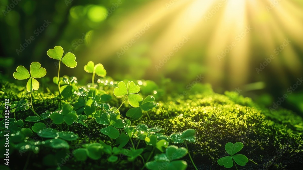 Aufkleber Dew-drenched clover leaves on soft moss, basking in the warm rays of sunlight streaming through a tranquil forest, creating a serene springtime scene
