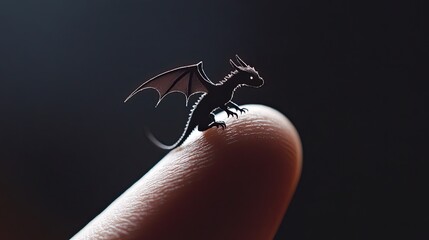 Obraz premium Miniature Dragon Perched Upon A Human Finger