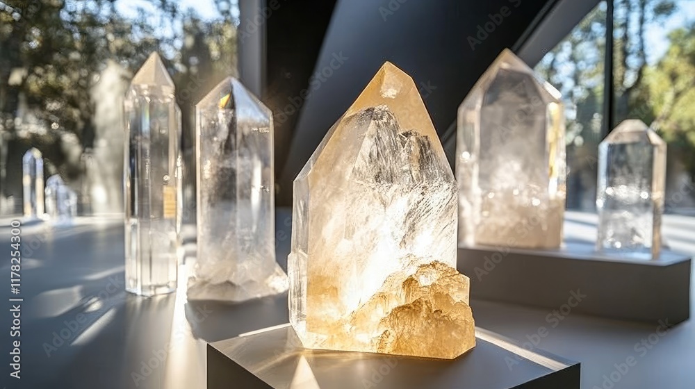 Poster elegant crystal art pieces on display in a modern gallery, illuminated by natural light, creating an