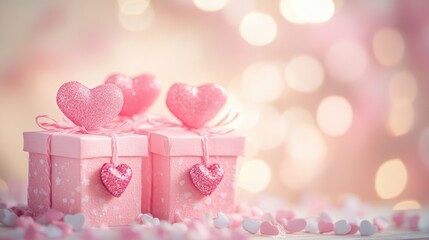 Elegant pink gift boxes adorned with heart-shaped decorations, set against a soft pastel background, evoking feelings of love and celebration
