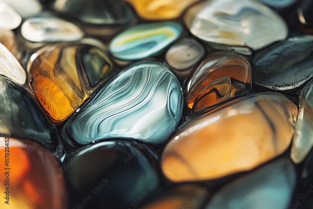 Poster close-up of colorful, translucent, polished agate stones with visible banding and swirling patterns.