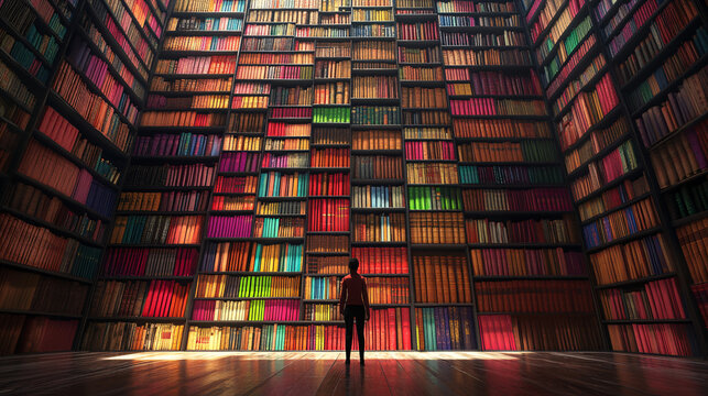 A person standing in front of a towering library, each book representing a different language, with colorful patterns symbolizing the richness of linguistic diversity.  