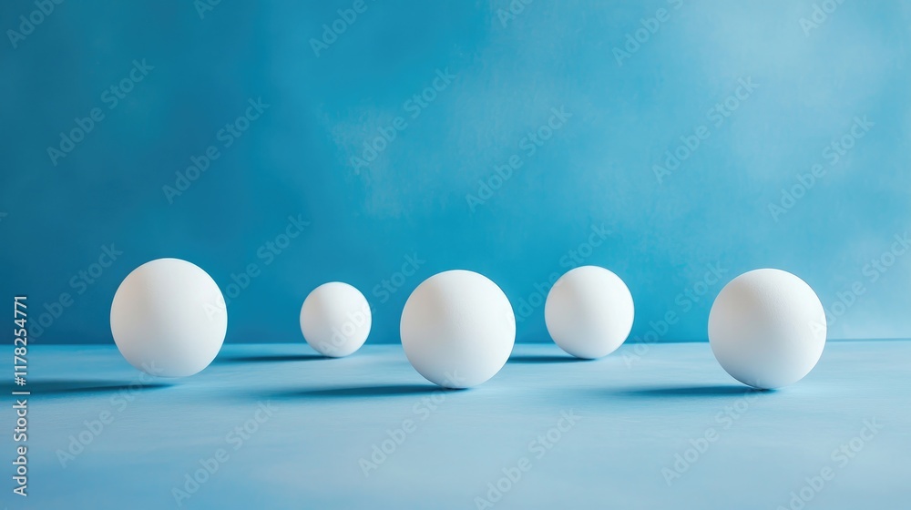 Poster Floating white spheres in a minimalist design, gently placed on a soft blue background, creating an atmosphere of serenity and fluidity
