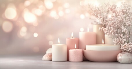 A warm and inviting background with soft, glowing candles in various sizes and hues. The candles create an atmosphere of tranquility and serenity, perfect for conveying the essence of warmth and celeb