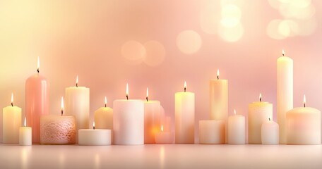 A warm and inviting background with soft, glowing candles in various sizes and hues. The candles create an atmosphere of tranquility and serenity, perfect for conveying the essence of warmth and celeb